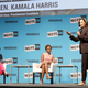 Stephanie Valencia, Karine Jean-Pierre and Kamala Harris speak onstage at the MoveOn Big Ideas Forum at The Warfield Theatre on June 01, 2019 in San Francisco, California.